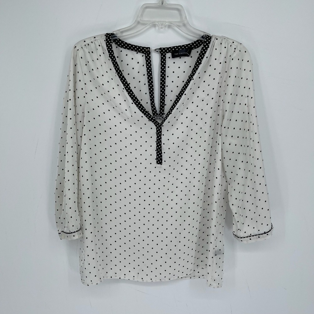 The Limited Women's White Polka Dot V-Neck Contrast Trim Office Blouse Size S